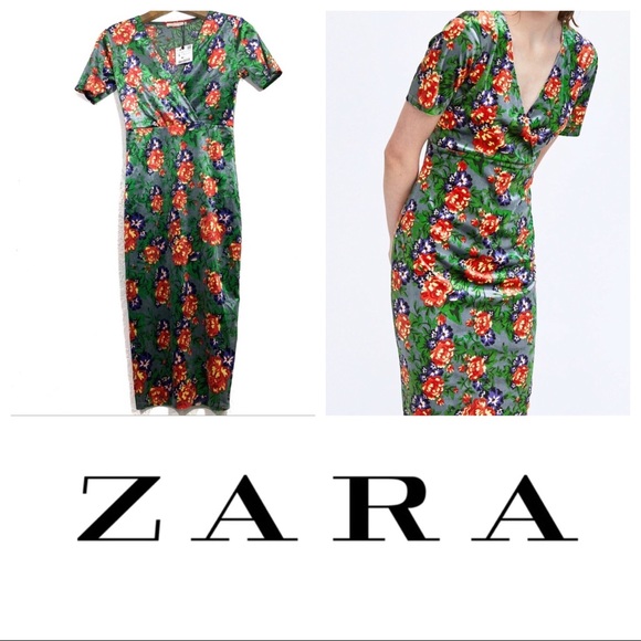 Zara Green Velvet Floral Midi Dress - Picture 2 of 8